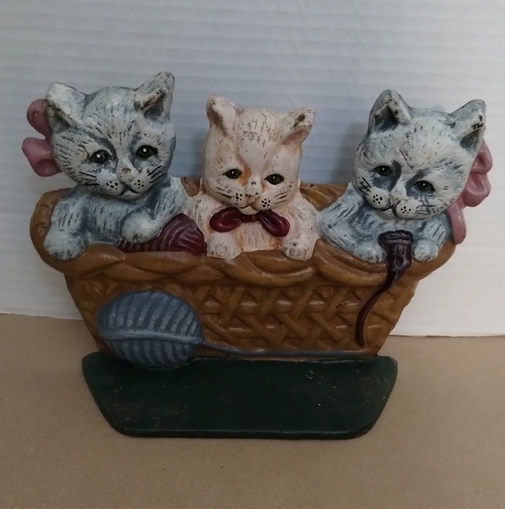 Vintage 3 Kittens/Cats In A Basket Cast Iron Door Stopper